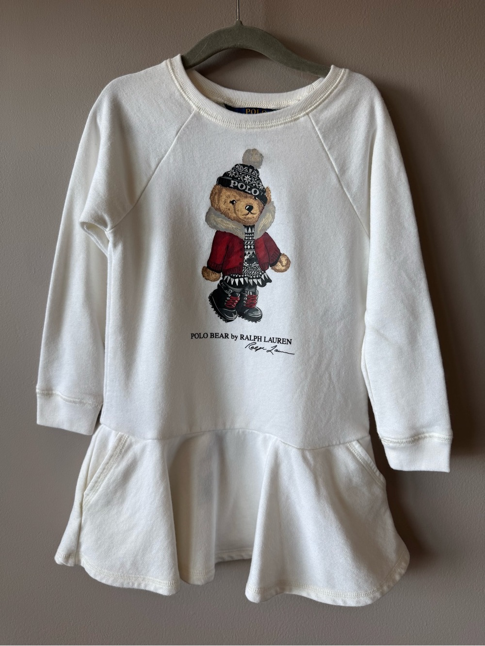 Polo Ralph Lauren Bear Girls White Sweatshirt Ruffle Drop Waist Dress Size 4T